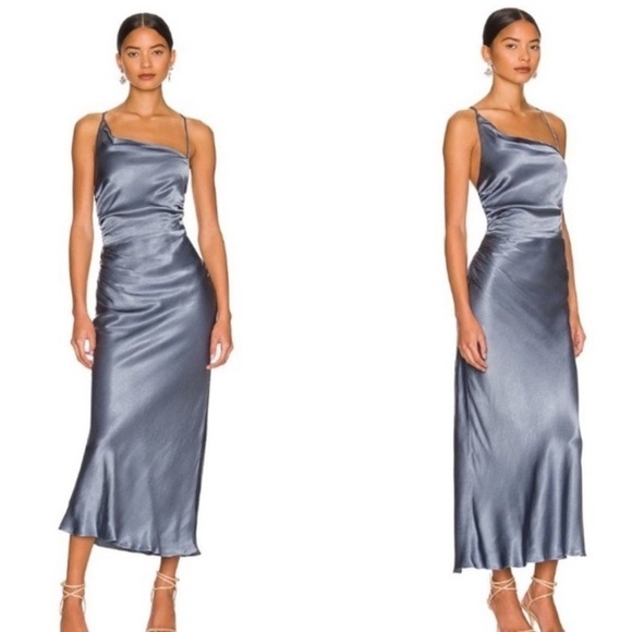 Shona Joy La Lune Asymmetrical Bias Cowl Midi Dress in Blue Smoke -  threedaughtersproperties.com